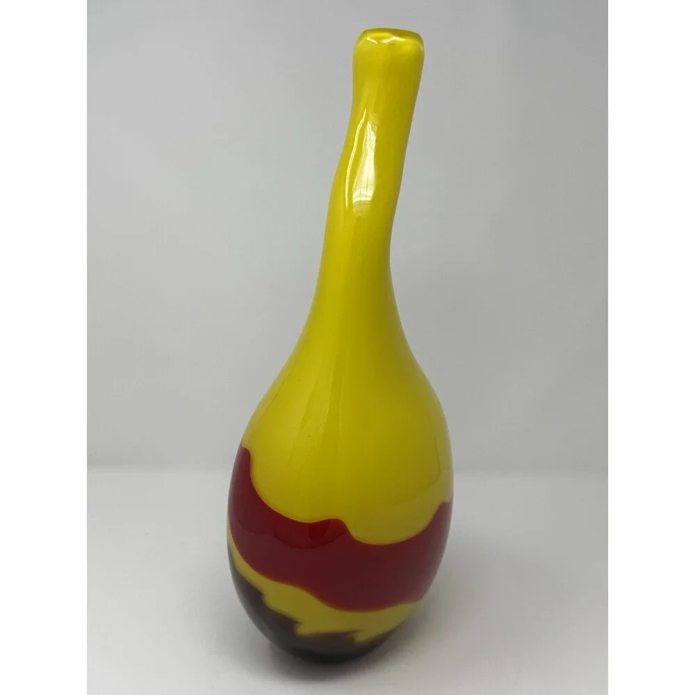 Yellow Red Brown Swirl Art Glass Vase Glossy Decorative Finish
